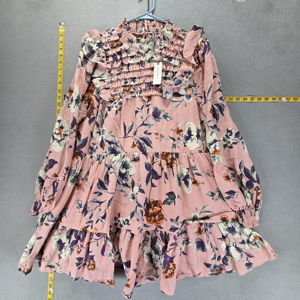 NWT Anthropologie Dress Womens L Pink Long Sleeve Mini Floral High Neck Smocked